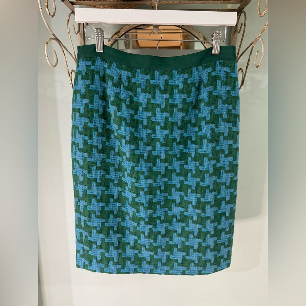 Boden, Gorgeous Wool Houndstooth Skirt with Lovely Spring Green & Blue, SZ 6